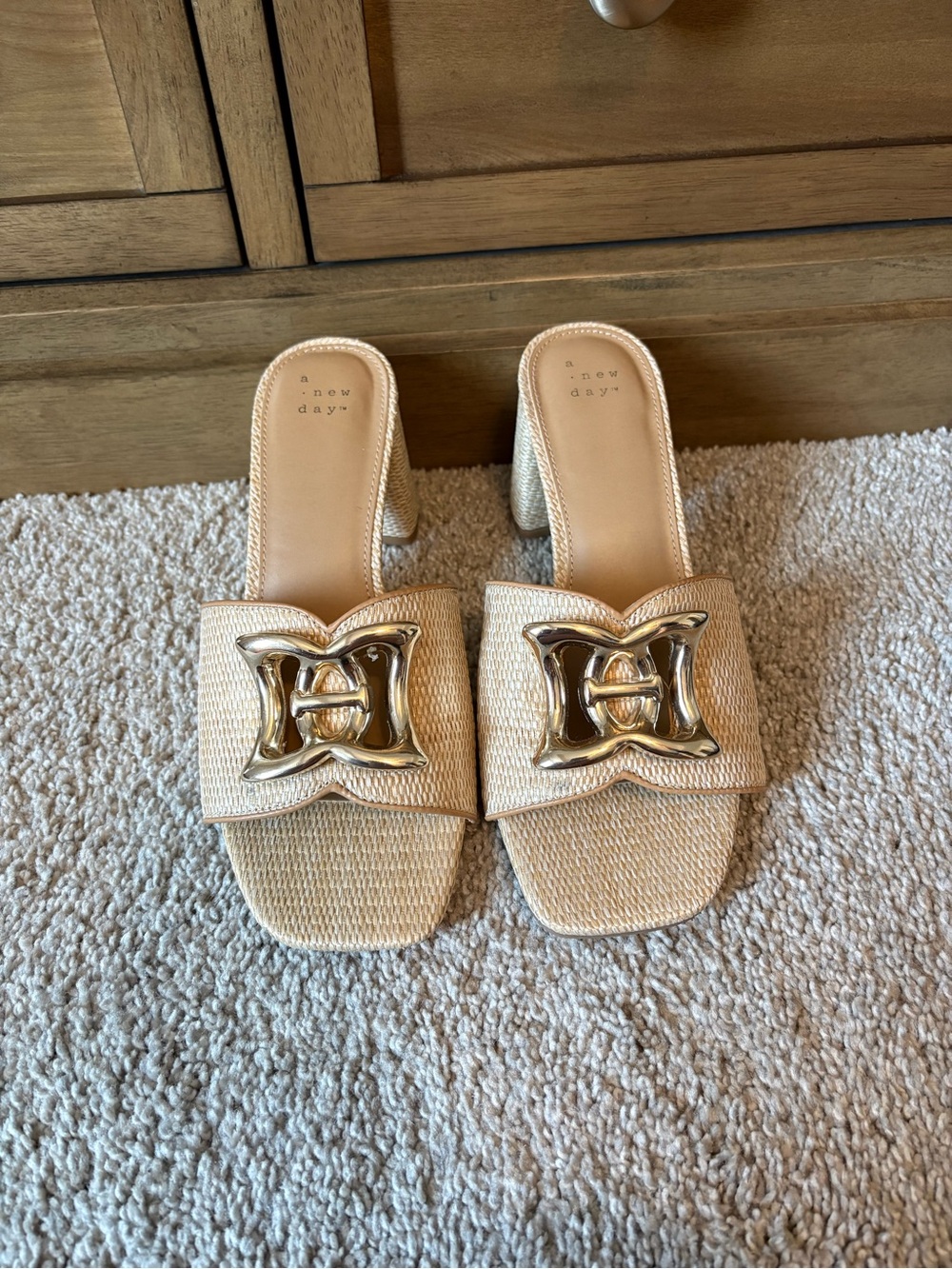 a new day Natural Beige Woven Slide Mules with Gold Buckle